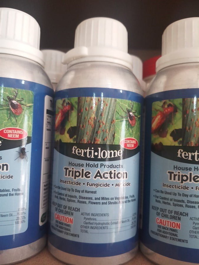 SKY SEEDS Fertilome Triple Action plus II With 70% Neem Oil (250 ml) New Formulation Use on Fruits, Herbs, Nuts, Spices, Vegetables & Roses, Flowers & Shrubs. Provides quick and more complete control. Acts as an "exciter" to flush insect pests out of hiding and into direct contact with spray residues. Controls: Aphids, Spider Mites, Scale, Mealybugs, Beetles, Loopers, Leaf Miners, Leaf Rollers, Armyworms, Webworms, Weevils, Tent Caterpillars, Whiteflies and many more listed. An effective fungicide for the prevention and control of various fungal diseases including Powdery Mildew, Black Spot, Brown Spot, Dollar Spot, Anthracnose, Rust, Leaf Spot and many others listed on label. Contains Pyrethrins. May be Applied up to Day of Harvest. Apply Every 14 Days to Prevent Disease. Application: Thoroughly mix solution and spray all plant leaf surfaces (including undersides of leaves). Mix 2 Tbs. per gallon of water. Consult label for specific application rates.