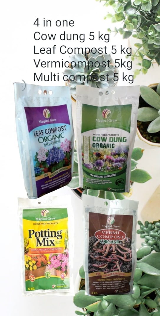 SKY SEEDS <strong>Complete Organic Compost Kit</strong> Transform your garden into a thriving oasis with our comprehensive organic compost kit. This kit includes four essential types of compost: <ul> <li><strong>Leaf Compost (5 kg)</strong>: Rich in nutrients, ideal for enhancing soil structure and promoting plant growth.</li> <li><strong>Vermicompost (5 kg)</strong>: Produced by worms, boosts soil fertility and improves moisture retention.</li> <li><strong>Cowdung Compost (4 kg)</strong>: Natural fertilizer, enhances soil health and stimulates plant growth.</li> <li><strong>Potting Mix (5 kg)</strong>: Perfect for container gardening, provides optimal drainage and nutrient balance.</li> </ul>