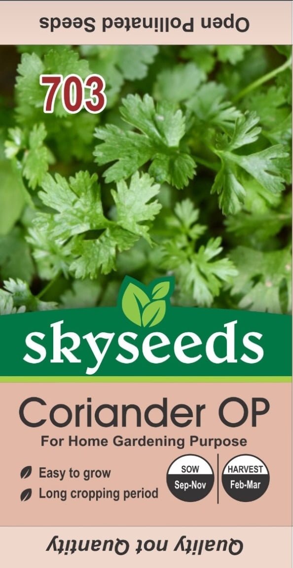 SKY SEEDS <h3>Coriander Open Pollinated Organic Seed</h3> Product Cod : 703 <strong>Botanical Name:</strong> Coriandrum sativum <strong>Season Info in Pakistan:</strong> <ul> <li><strong>Sowing Season:</strong> Autumn and early spring</li> <li><strong>Ideal Temperature:</strong> 15-25°C</li> </ul> <strong>How to Sow in Home Gardening:</strong> <ol> <li><strong>Sowing Method:</strong> Sow seeds directly in well-prepared soil.</li> <li><strong>Soil:</strong> Use well-draining, fertile soil.</li> <li><strong>Depth:</strong> Plant seeds 0.5-1 cm deep.</li> <li><strong>Spacing:</strong> Keep a distance of 15-20 cm between plants.</li> </ol> <strong>Gardening Tips:</strong> <ul> <li>Ensure the soil remains moist but not waterlogged.</li> <li>Thin seedlings to avoid overcrowding.</li> </ul> <strong>Fertilizers Use:</strong> <ul> <li>Apply balanced organic fertilizers like compost or well-rotted manure before planting.</li> <li>Top-dress with nitrogen-rich fertilizer during growth.</li> </ul> <strong>How to Protect from Pests:</strong> <ul> <li>Use neem oil or insecticidal soap to control aphids and other pests.</li> <li>Keep the garden weed-free to reduce pest habitats.</li> </ul> <strong>Harvesting Time Period:</strong> <ul> <li><strong>Duration:</strong> 40-70 days from sowing to harvesting.</li> </ul> <strong>Health Benefits:</strong> <ul> <li>Coriander leaves and seeds are rich in antioxidants, vitamins A, C, and K, and are known to aid digestion, lower blood sugar levels, and provide anti-inflammatory benefits.</li> </ul>